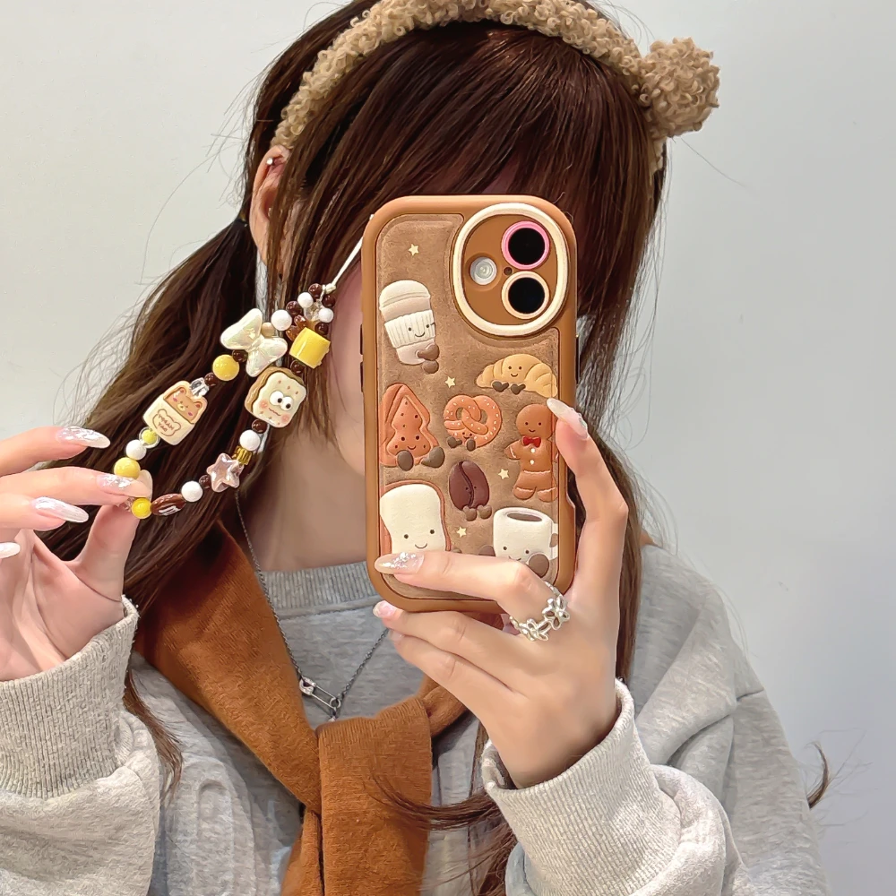 3D Circular Cortex Leather Gingerbread Man Pattern With Bracelet Phone Case For iPhone 13 14 15 16 pro max Shockproof Back Cover