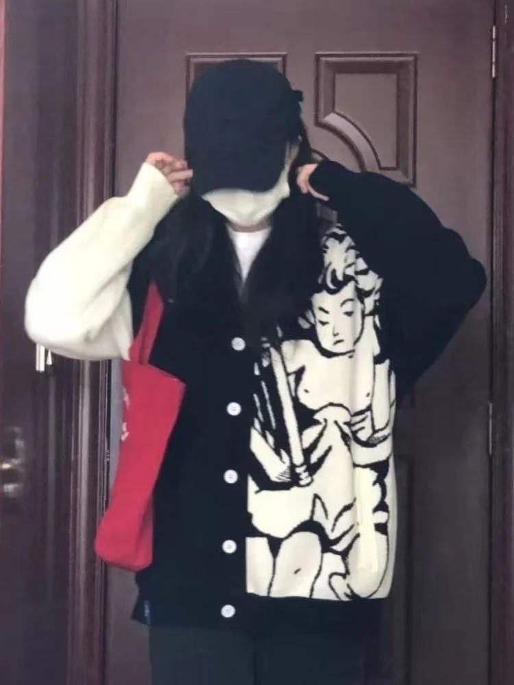 Женский свитер с принтом ангелов свободный трикотажный кардиган контрастных