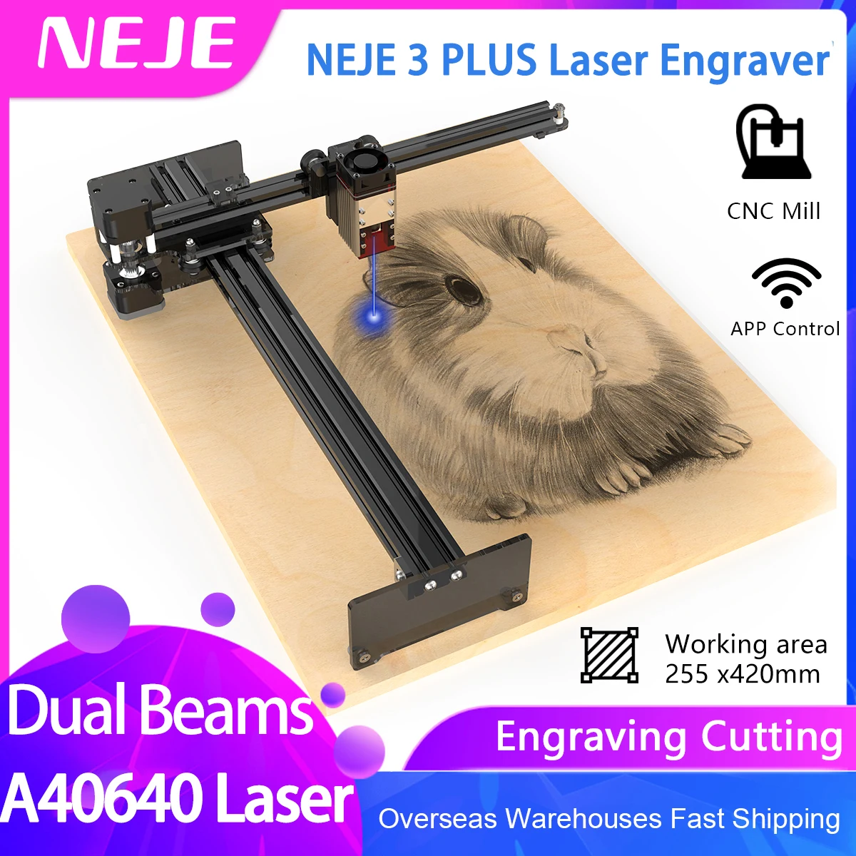 NEJE 3 Plus Dual Beam Laser Engraver and Cutter, 255x420mm CNC Wood Router / Engraving / Cutting Machine
