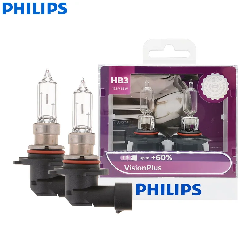 Philips HB3 9005 12V 65W P20d VisionPlus 3250K Bright Light Up to 60% Vision Halogen Original Car Lamps Headlight 9005VPS2, 2X