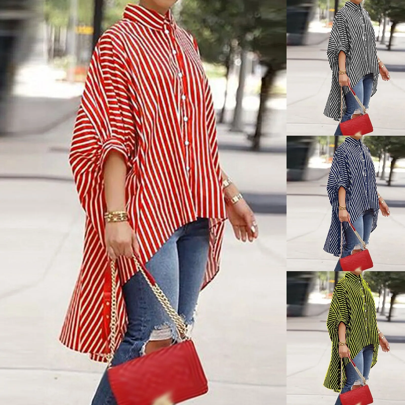 Рубашка женская оверсайз в полоску топ с отложным воротником и рукавом три
