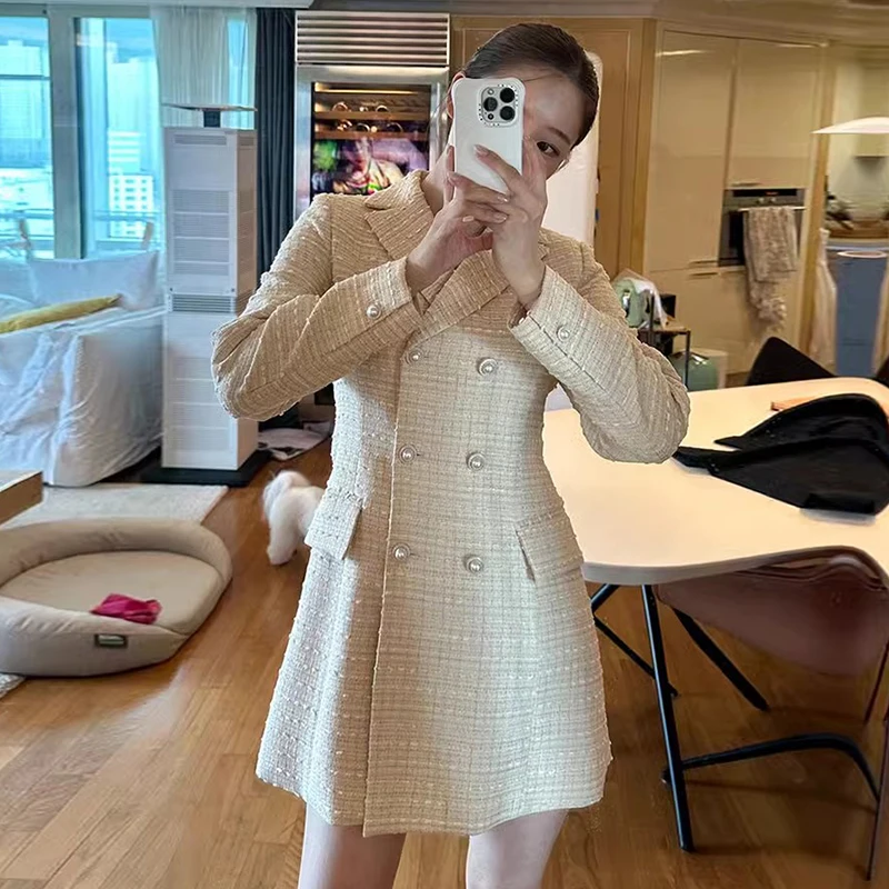 Женское двубортное твидовое платье во французском стиле на весну и осень женское