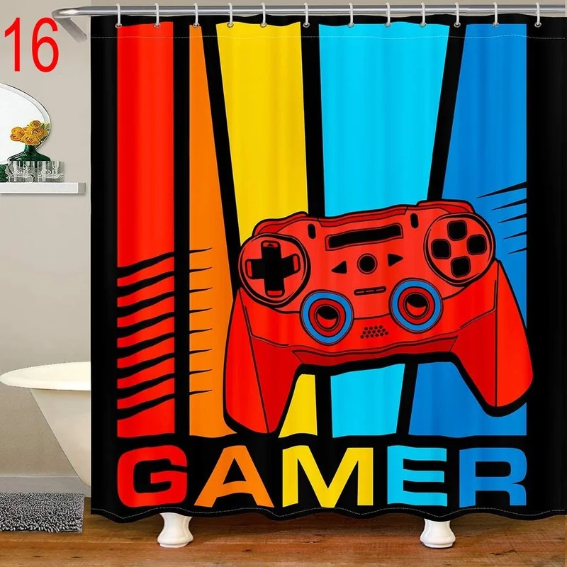 

Gamer Shower Curtain Video Gaming Device Polyester Fabric Waterproof Bathroom Decor with 12 Hooks Modern Cloth