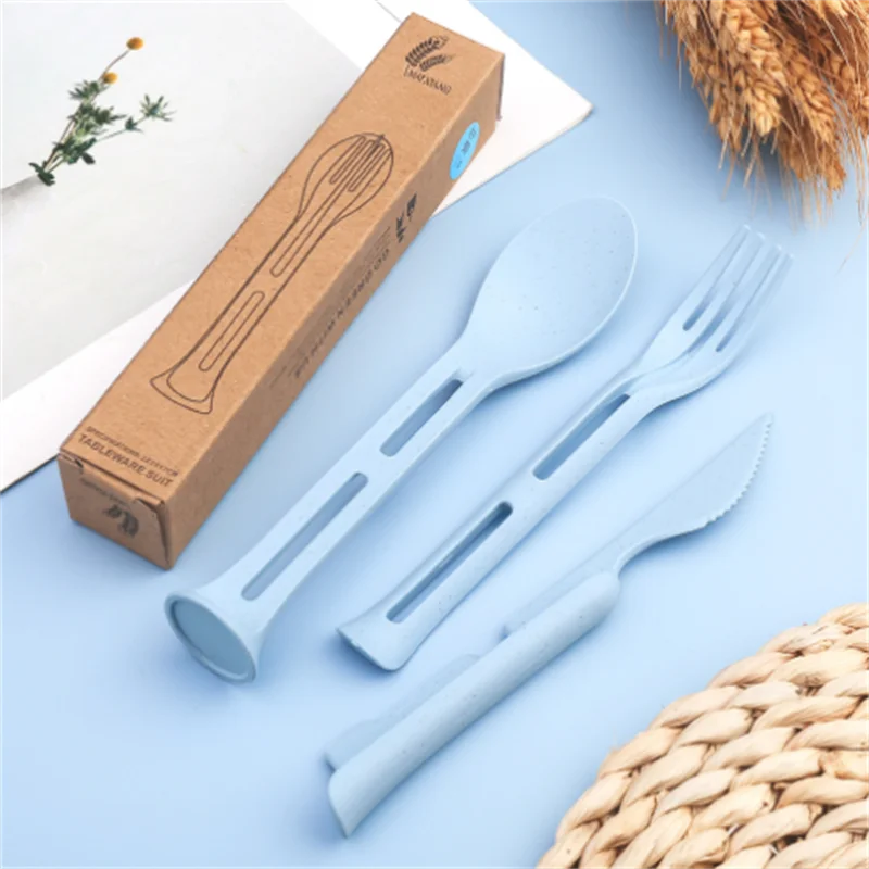 

3pcs/Sets Kitchen Tableware 3 in 1 Travel Portable Cutlery Set Japan Style Wheat Straw Knife Fork Spoon Student Dinnerware