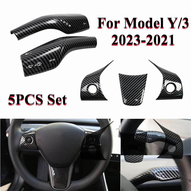 

For Tesla Model Y Model 3 2023-2021 Steering Wheel Lever Cover Gear Shift Interior Panel Cover Column Modeification 5PCS Set