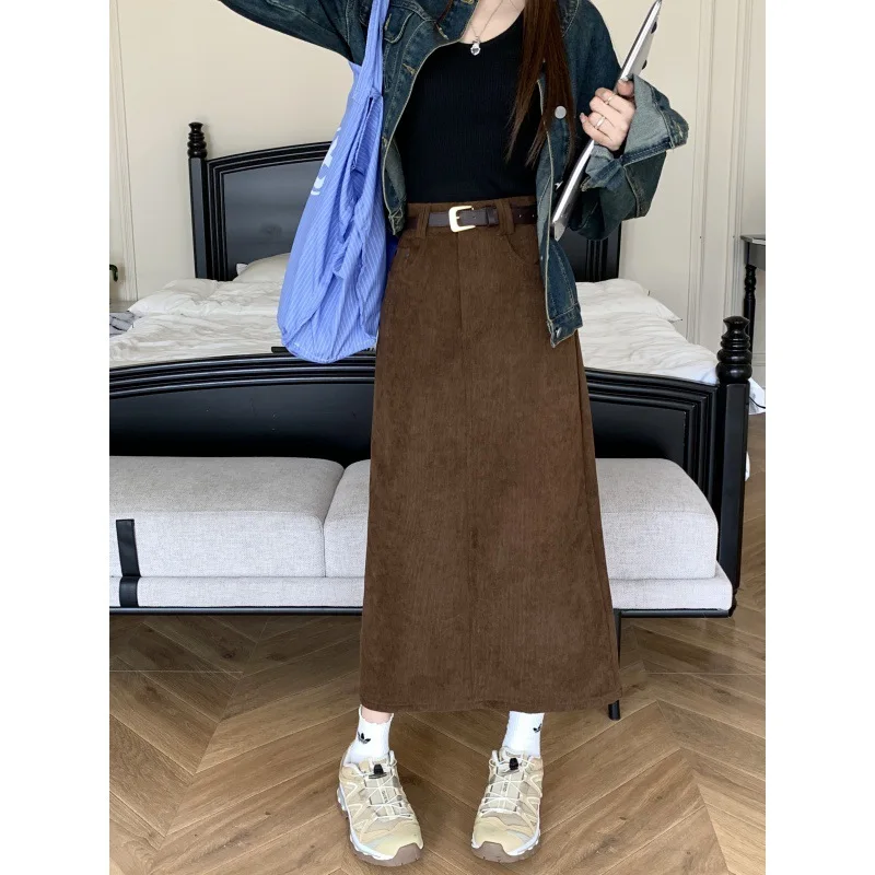 

2023 Autumn Winter Women High-waisted Corduroy Mini Skirt A-line Skirt Coffee Color Skirt Daily Fashion Solid Color Party Skirt