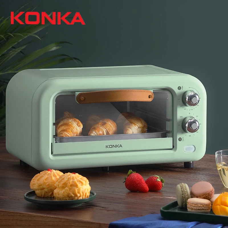 KONKA-horno eléctrico para hornear, tostador pequeño multifuncional para Pizza, pan, barbacoa, 12L, 800W, cocina verde, 1-3 personas