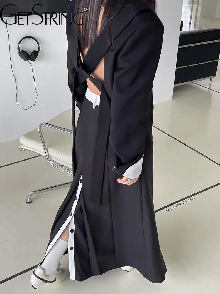 

GetSpring Women Skirt 2022 Autumn Wool Stitched Suit Skirt High Waist Back Split Single Breasted Black Long Skirts Fashion New