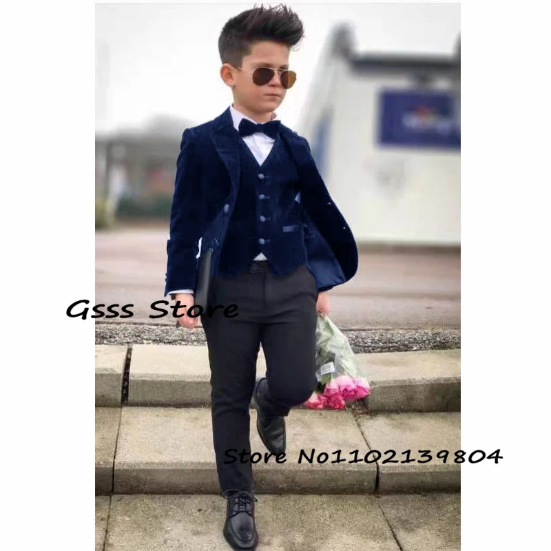 Boys Velvet Suit 3 Piece Formal Jacket Pants Vest Business Style Kids Blazer Party Pants Set costume enfant garçon