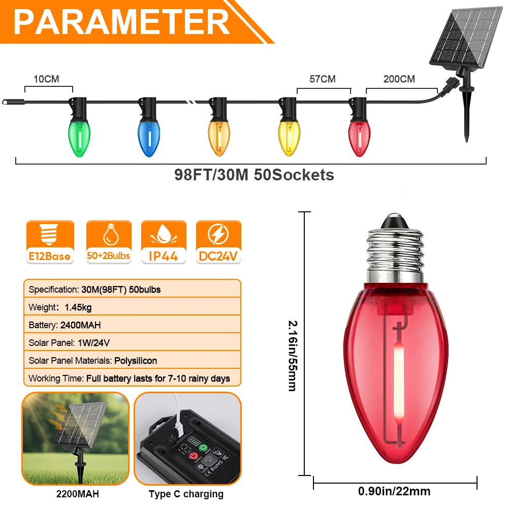 

24 В светодиодный солнечный C7 светодиодный рождественский светильник, уличный клубничный разноцветный гирляндный светильник для рождественской елки, праздника, патио, декора