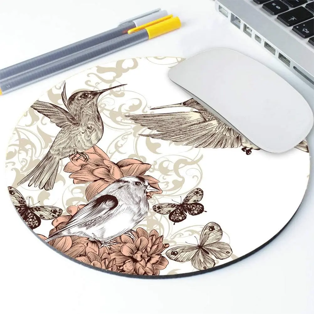 

Hummingbird Round Mouse Pad Vintage Style Artwork with Birds Butterflies Round Non-Slip Rubber Mousepad 7.9 x 7.9 x 0.12 Inch