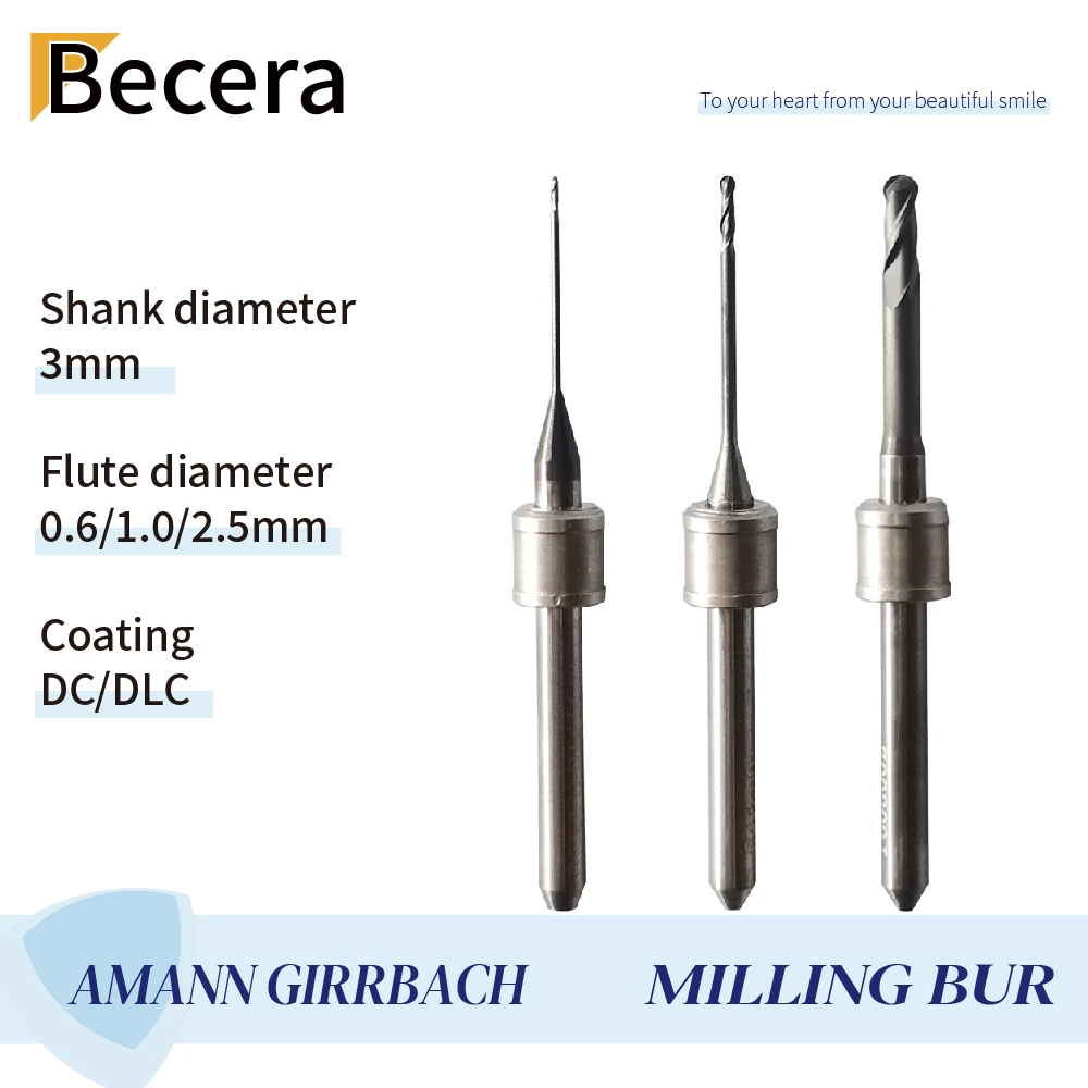 Becera Drills of Amann Girrbach Milling Machine Shank Diameter 3 MM Size 0.6/1.0/2.5 Diamond Coating for Cutting Zirconia Block