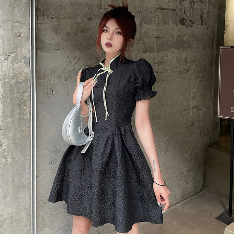 

Chinese Style Slim Pullover Vestidos Lady Stand Collar Puff Sleeve Cheongsam Female Empire Black Gothic Mini Dress 2022 Summer