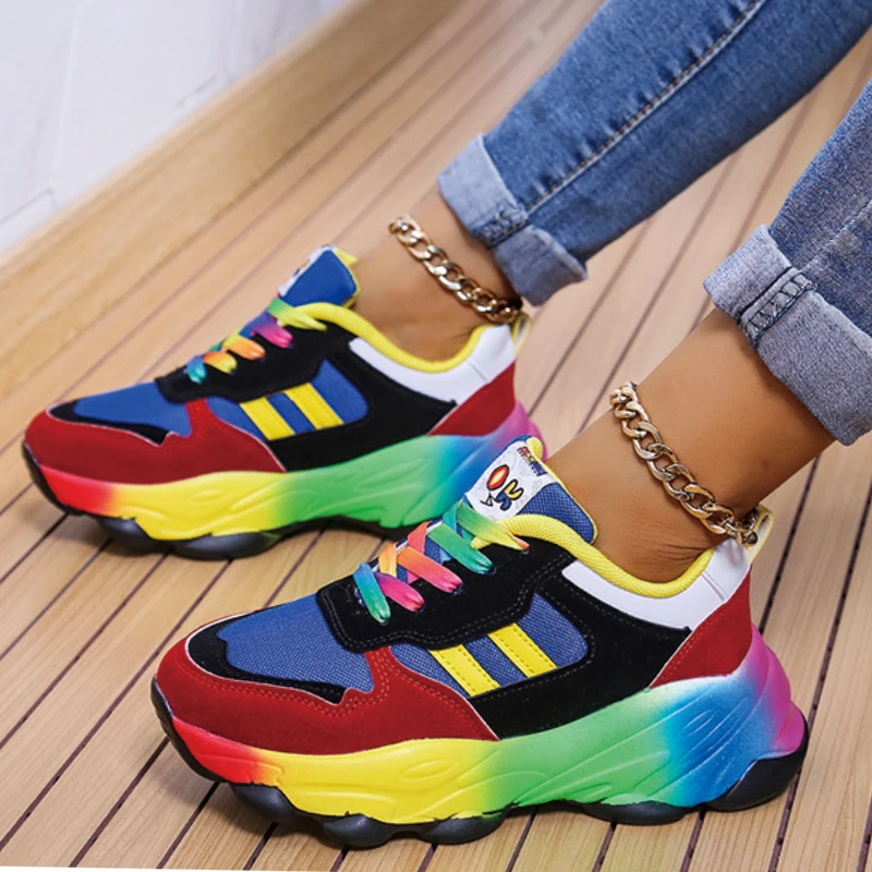 

Large Size Sneakers Female Fashion Mixed Colors Round Head Lace-up Thick Bottom Sports Shoes Running Trainers Tenes Feminino