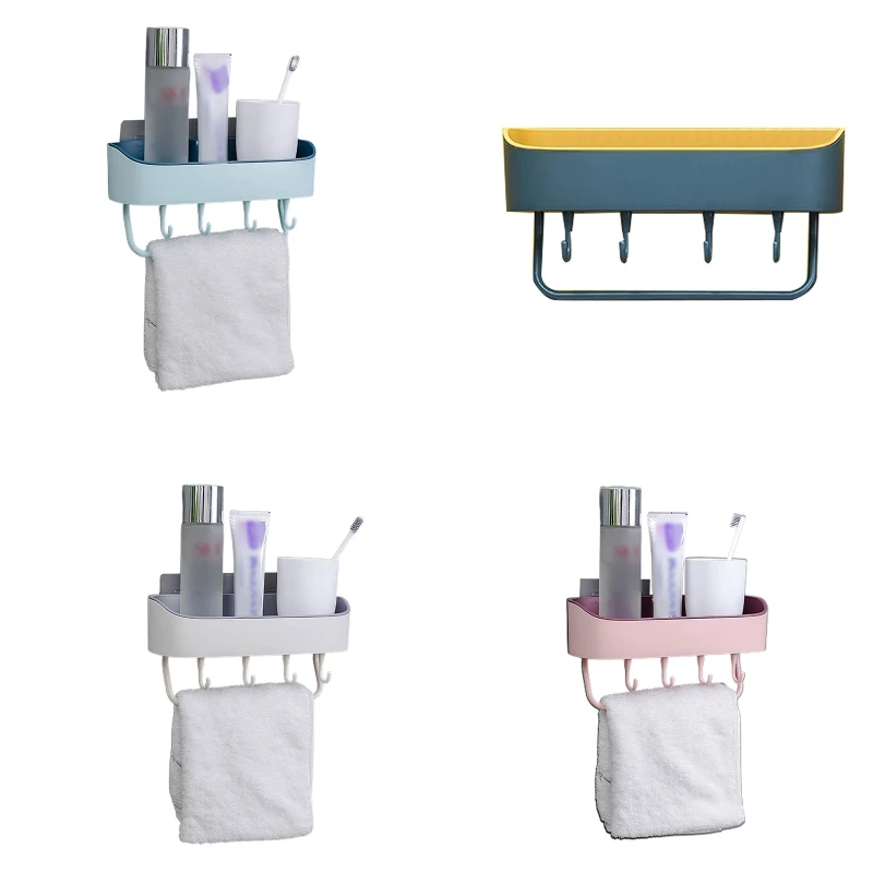 

Wall Mounted Storage Rack Bathroom Shelf with Towel Bar Hooks Organizer for Bath Household Items Cosmetic Shampoo Holder