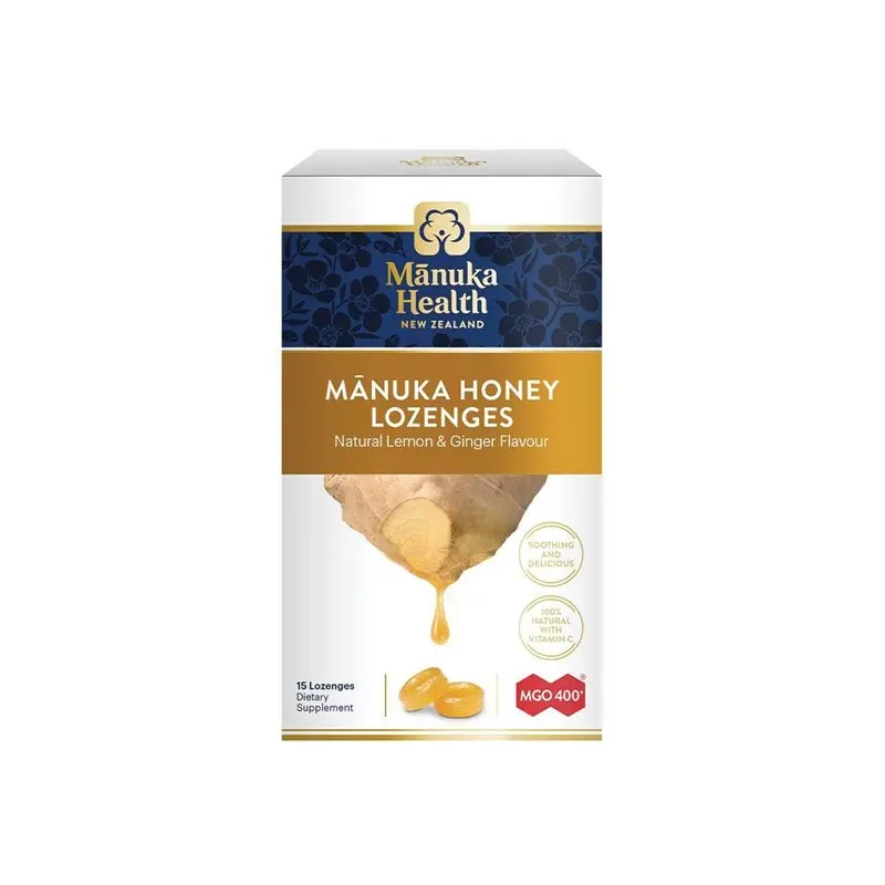 

NEW Manuka Health MGO 400+ Manuka Honey Drops Throat lozenges Ginger & Lemon Flavour 65g /15 Lozenges / Box
