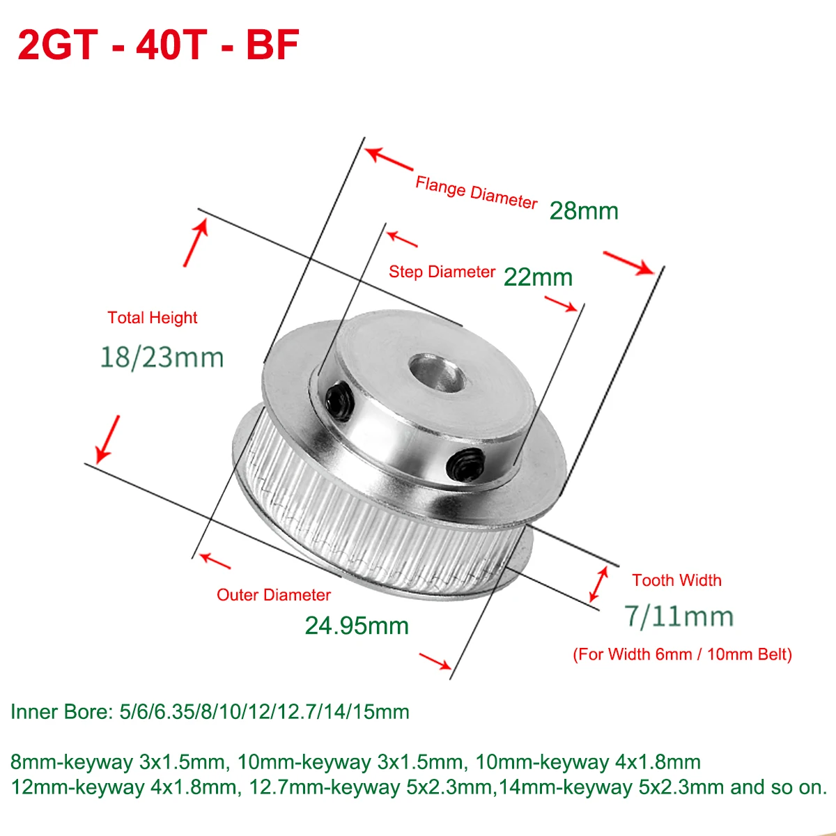40T 2GT Synchronous Timing Pulley Bore 5/6/6.35/8/10/12/12.7/14/15mm For Width 6/10mm BF keyway GT2 Timing Belt 3D Printer Parts