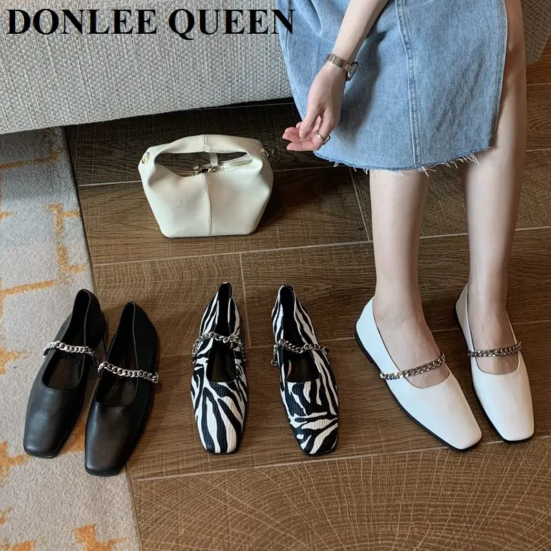 

Fashion Square Toe Flats Shoes Women Luxury Metal Chain Ballet Flat Zebra Print Ballerina Slip On Casual Loafer Zapatillas Mujer