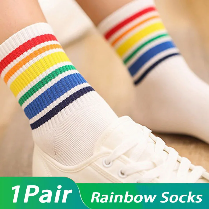 

1 Pair of Mid Calf Socks Socks for Women Summer Rainbow Striped Round Neck Socks