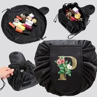 women travel cosmetic bags drawstring makeup bag organizer travel toiletry storage shoulder pouch golden flower lettern pattern