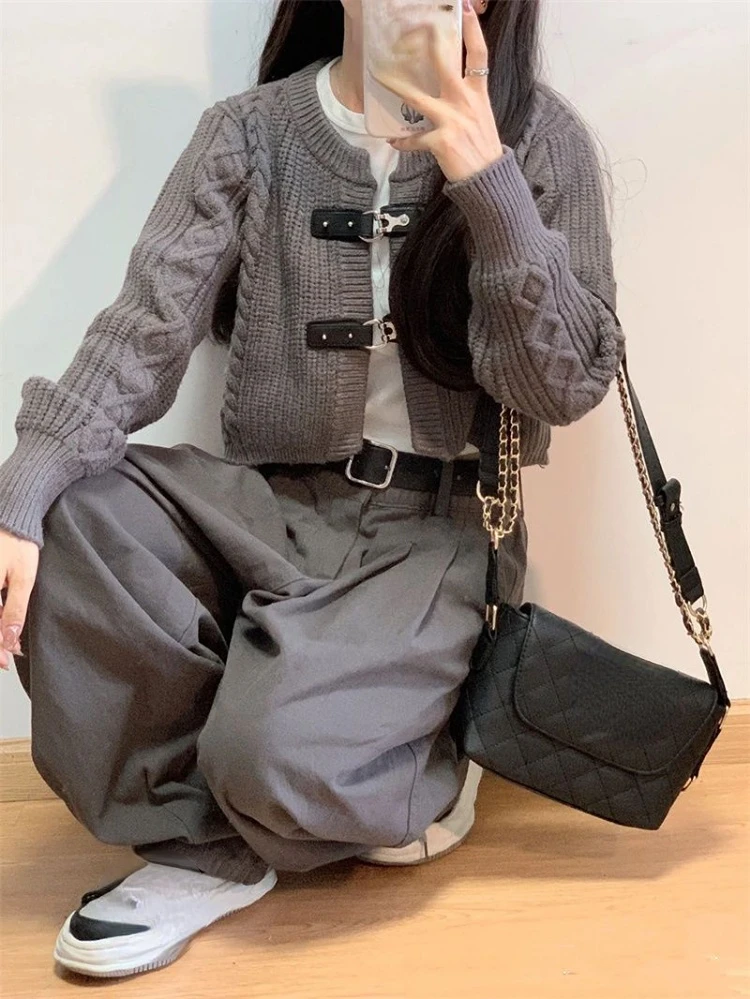 

Женский свободный кардиган на пуговицах, однотонный трикотажный свитер с поясом в Корейском стиле, модель Y2k на осень, 2023