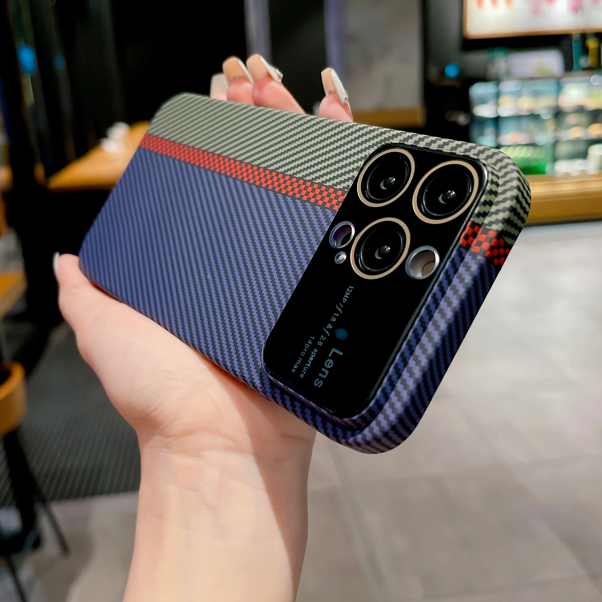 

Carbon Fiber Large Window Phone Case For iPhone 11 12 13 14 Pro Max 14Pro PC Double color matching Anti-Fingerprints Phone Cover