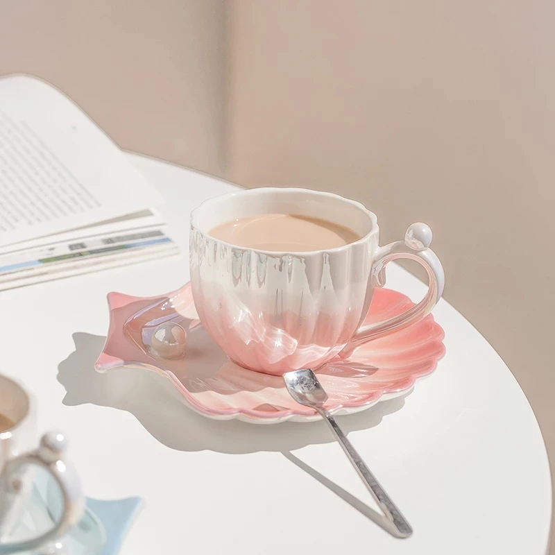 

Super Beautiful Gradient Pearl Shell Coffee Cup Small Ceramic Mug High-end Cup and Saucer Set Afternoon Tea Tea Set Household