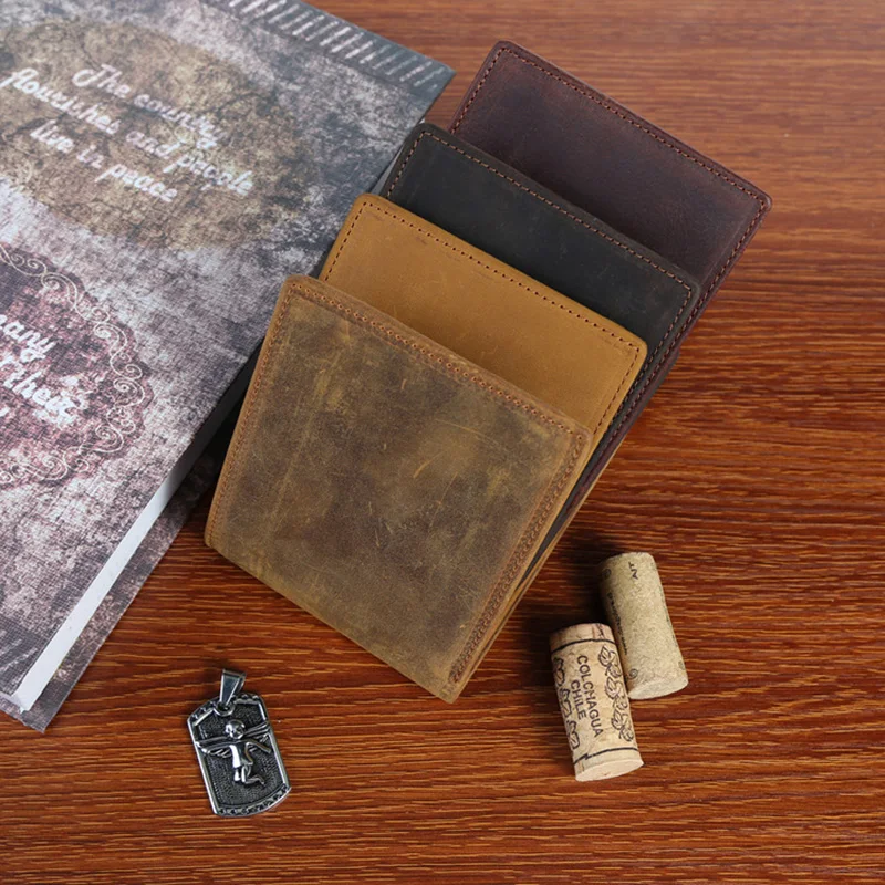 

Retro Men's Wallet Crazy Horse Leather Handmade Small Wallet Simple Design Wallet Solid Color Large Capacity Money Bag