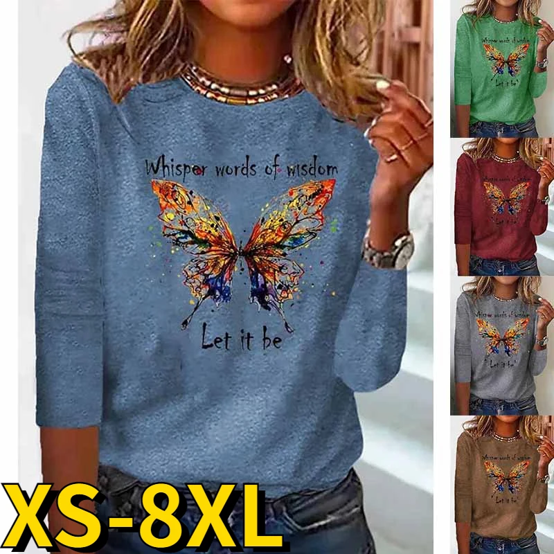 2022 New Ladies Round Neck Long Sleeve Autumn Winter Women's Casual T-shirt Butterfly Printing Tops Simple Style Pullover Tee