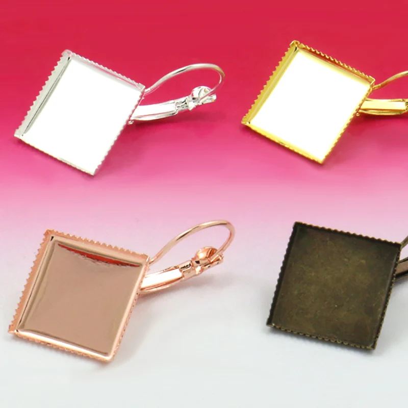 20pcs WHOLESALE Inner 15mm ANTIQUE BRONZE/Silver Plated Earring Hoop  Square Cameo Setting  Cabochon Tray for DIY Making