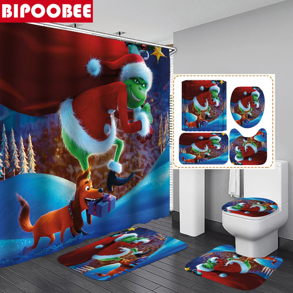 

Grinchs Stole Christmas Shower Curtain Bathroom Set Xmas Eve Toilet Cover Bath Mat Non-Slip Rug Partition Curtains Home Decor