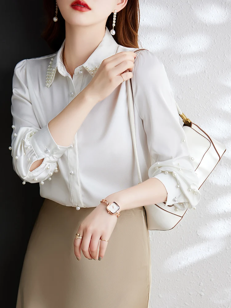 White Peals inlaid satin women shirt puff sleeve semi formal white office lady blouse elegant gold top female luxury style 2022 images - 6