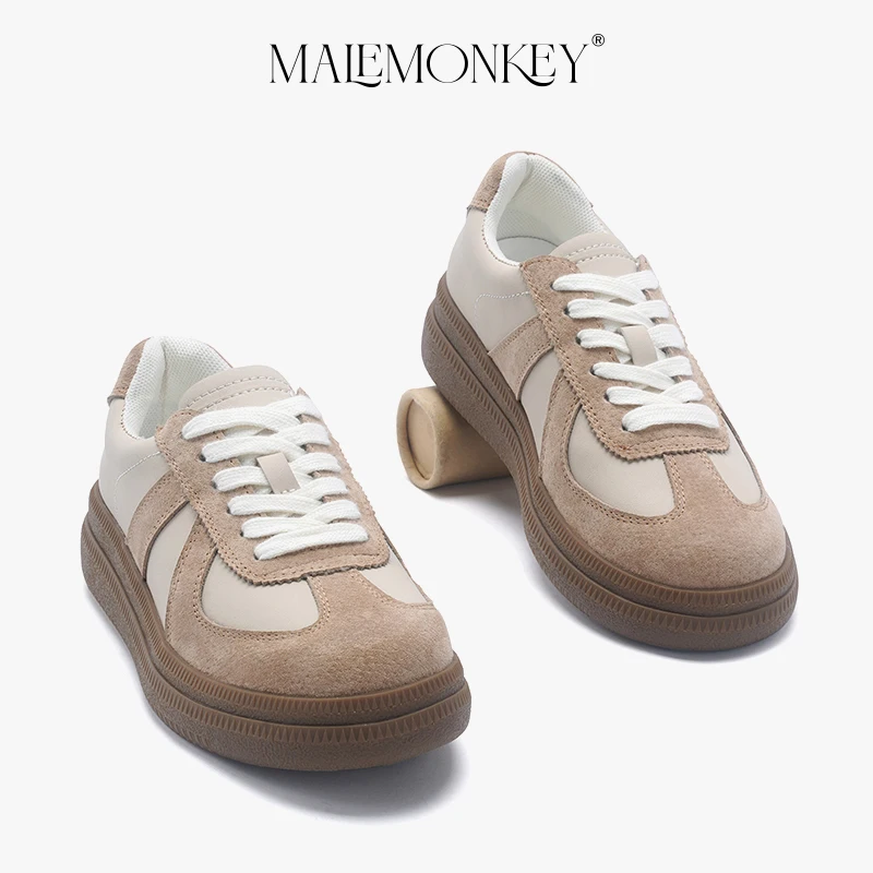 MALEMONKEY Casual Sneakers Women Suede Lace-up Flats Spring Round Toe Ladies Shoes Comfortable Breathable Trainers Handmade