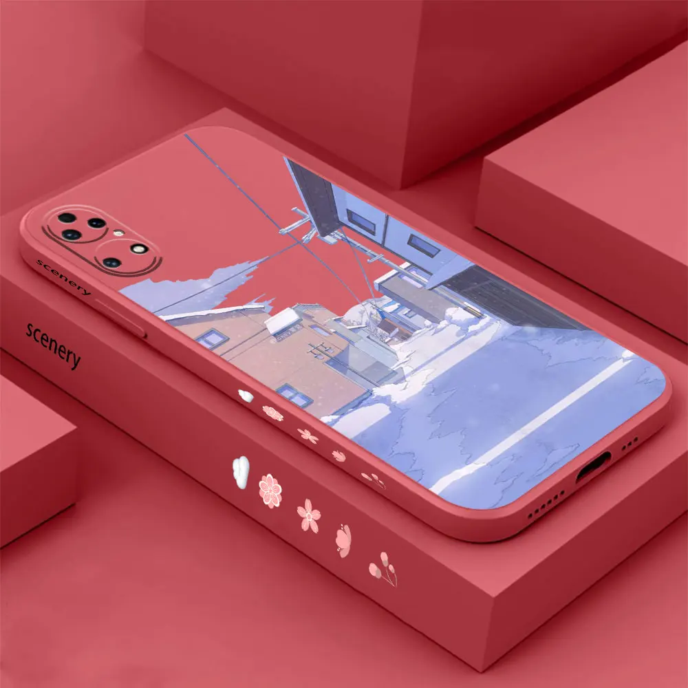 Japanese Anime Hand Painted House Scenery Phone Case For Huawei P60 P50 P40 P30 P20 Mate 50 40 30 20 20X 10 Colour Liquid Cover