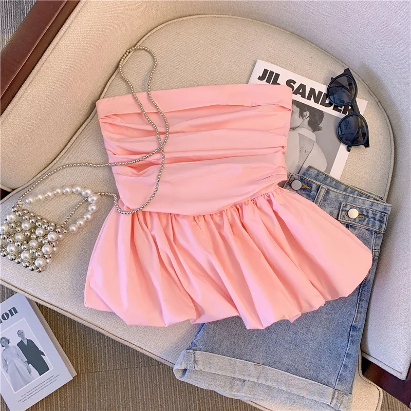 Pure Sweet Gyaru Sleeveless Vest Women 2024 Summer French sle Design Sense Pleat Flower Bud Tube Top Short Chic