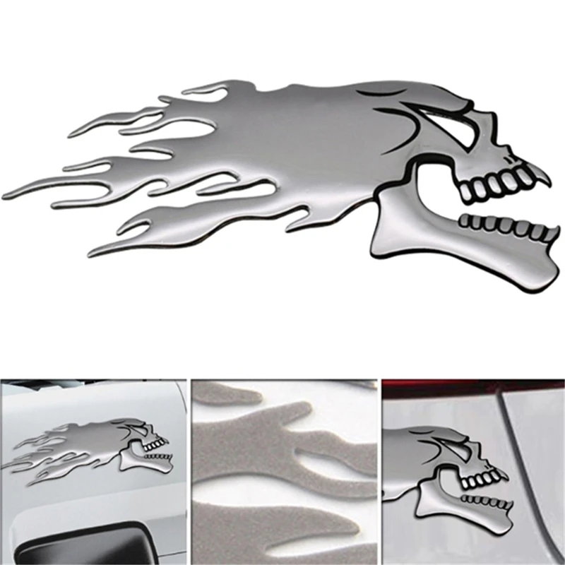 

New 2Pcs/Pair 3D Silver Chrome Ghost Skull Head Auto Motorcycle Car Sticker Car Styling Decoration Decals