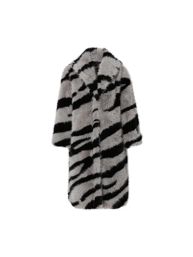 Coat Women's Gray Zebra Pattern Suit Collar Double Breasted Imitation Fur Thickened Warm Autumn and Winter Oversize Overcoat 1Pc