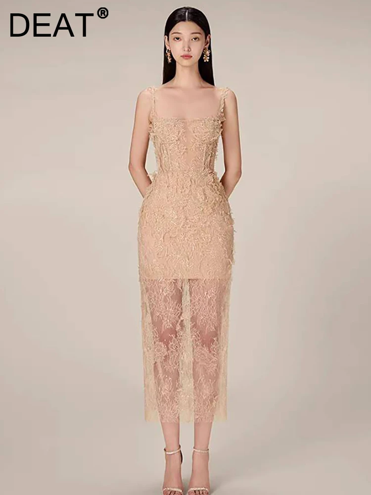 

Женское платье без рукавов DEAT, лоскутное платье с вышивкой и подкладкой, Элегантное летнее платье с высокой талией, 13DB3265, 2023