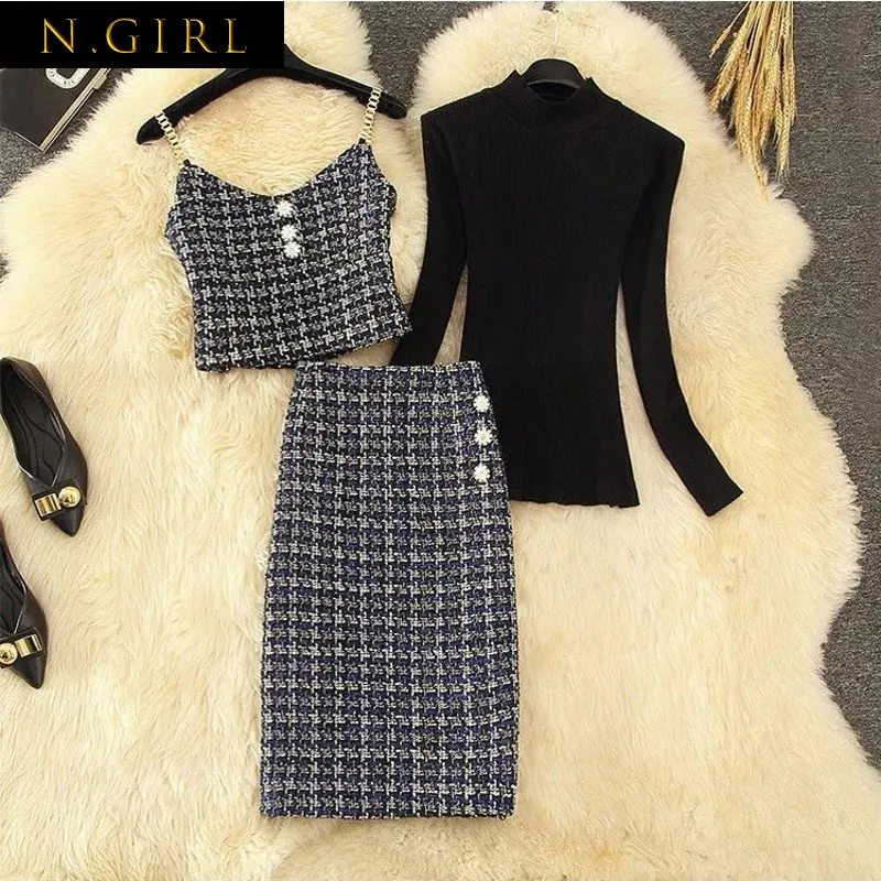 

Подиумный женский короткий топ для девочек, сезон осень-зима, шерстяной жилет на бретельках + клетчатая юбка с высокой талией + элегантный че...