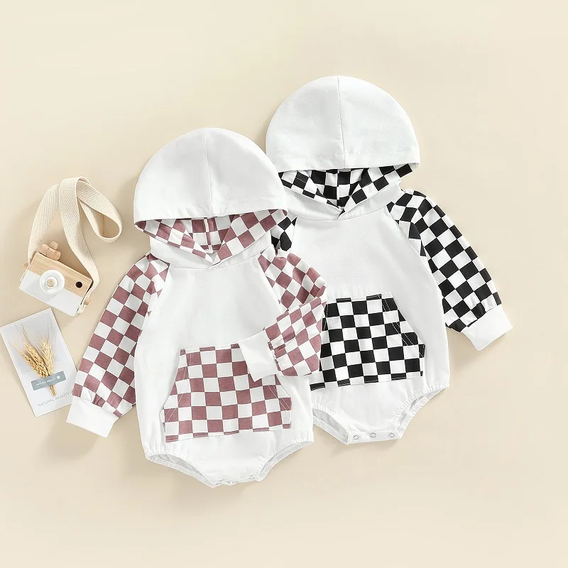 

Baby romper spring and autumn boys and girls black and white checkerboard long-sleeved jumpsuit baby hooded romper