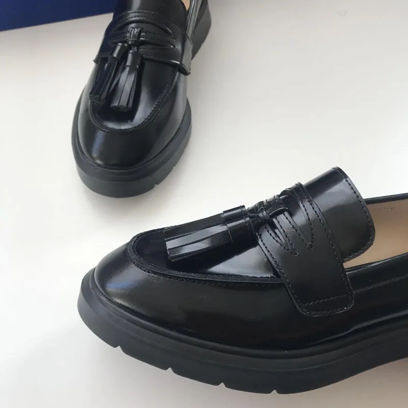 Spring and autumn new leather loafers with thick soles and small leather shoes with fringes and pearl single shoes for women