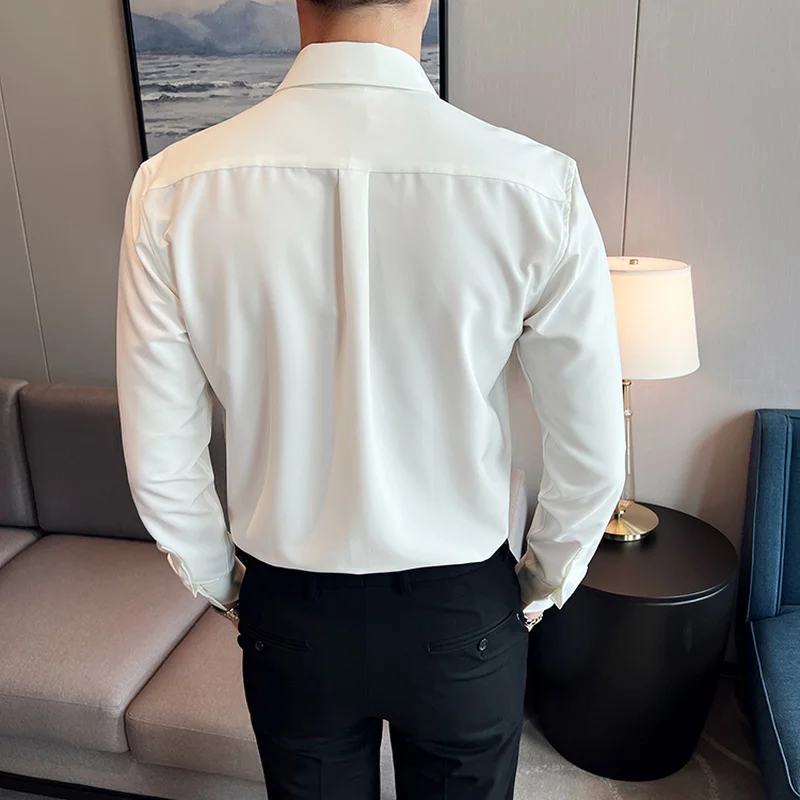 2022 Autumn Letter Embroidery Shirts Men Long Sleeve Slim Casual Shirt Social Party Tuxedo Blouse Streetwear Camisa Masculina
