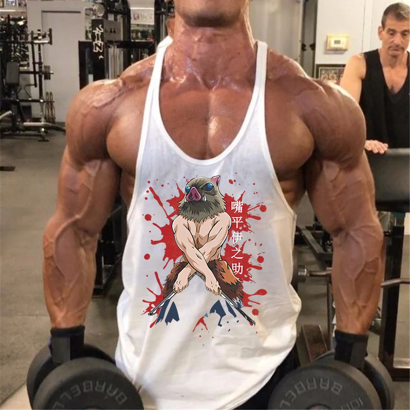 Anime Demon Slayer Inosuke Graphic Stringer Tank Top Mens Athletic Y-Back Vest Undershirt Tops Gym Workout Fitness Bodybuilding