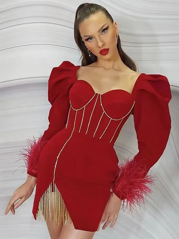 New Women 2022 Sexy Long Sleeve Crystal Diamond Red Bodycon Bandage Dress Elegant Designer Feathers Evening Party Dress