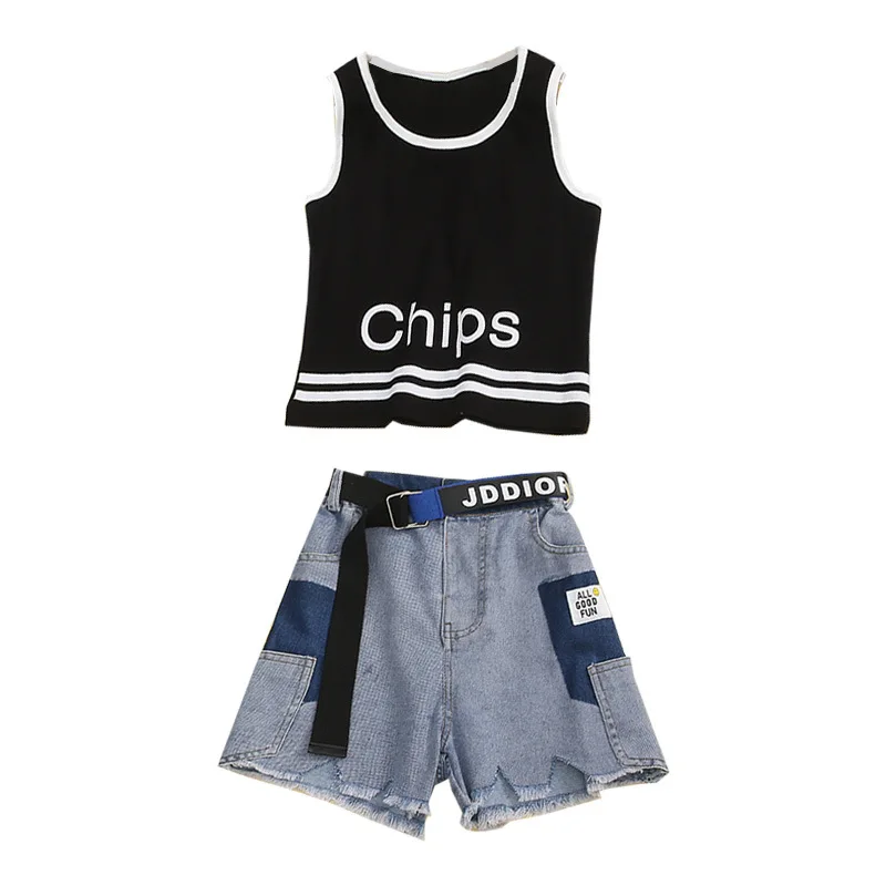 

8 10 years Girls Summer Denim Short Clothes Set Two pieces Tank Tops with Belt Fashion Casual Kids Outfits