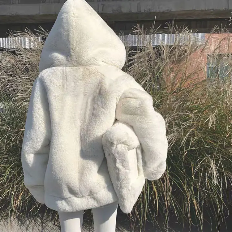 2021 New Rex Rabbit Fur Coats Women Hooded Faux Fur Coat Fashion Zipper Long Sleeve Thick Warm Winter Jacket Parkas Streetwear