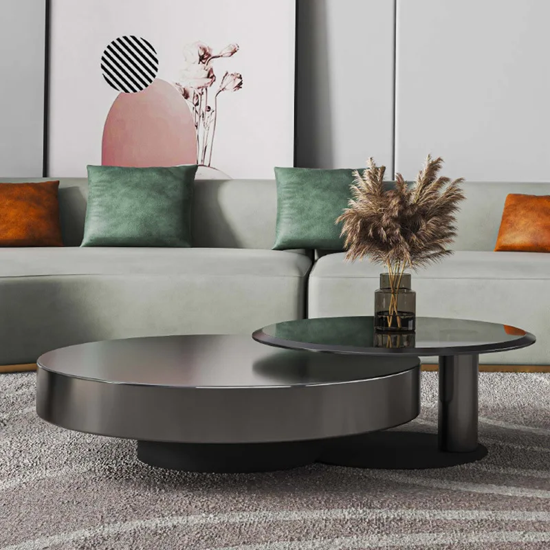 

Italian Light Luxury Stainless Steel Designer Coffee Table Simple Modern Small Apartment Living Room Glass Round Combination