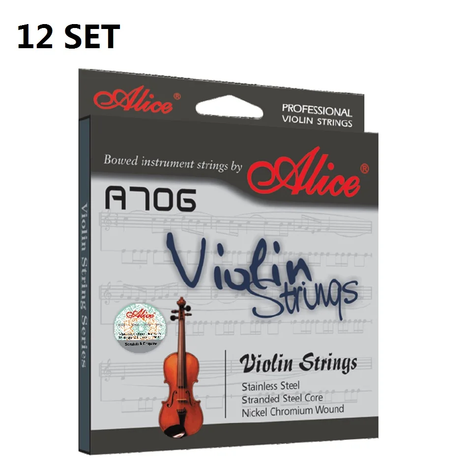 12 Sets Alice A706 Stranded Steel Core Stainless Steel Nickel Chromium Wound 4/4 Size Violin Strings enlarge