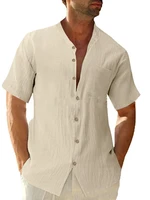 men cotton linen shirt solid color loose oversized short sleeve tops mens casual collarless button up shirts chemise homme