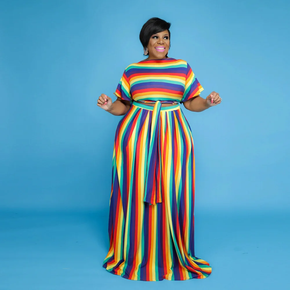 Plus Size Women's Suits 2023 Rainbow Stripe Large Size Suit New Trend Short Sleeve Sexy Suit Fashion Casual Female Clothes